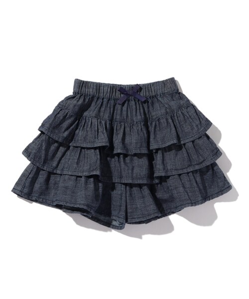 SHOO・LA・RUE(シューラルー)の「◆【90-140cm】デニムフリルキュロットスカート(デニムパンツ・キッズ・ブルー系5/ネイビー系5・09/10/11/12/13/14)」の2枚目の写真