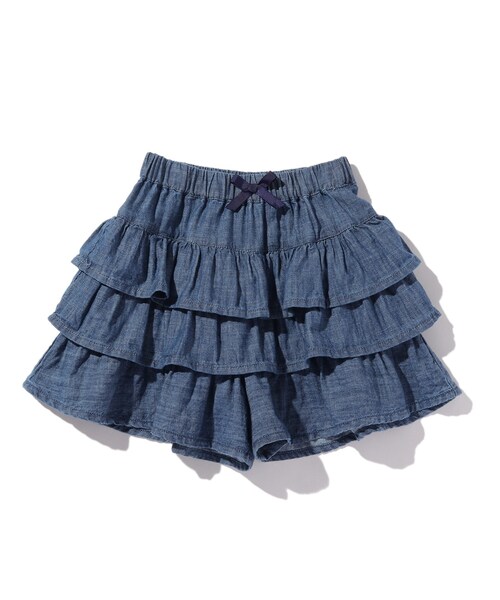 SHOO・LA・RUE(シューラルー)の「◆【90-140cm】デニムフリルキュロットスカート(デニムパンツ・キッズ・ブルー系5/ネイビー系5・09/10/11/12/13/14)」の1枚目の写真