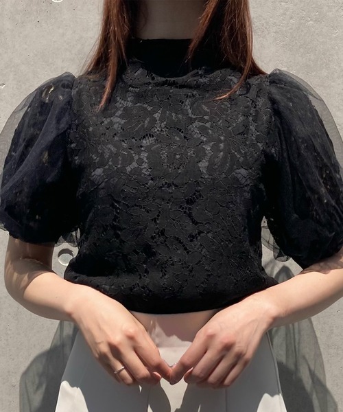 titty&Co. PETIT(ティティアンドコープティ)の「【titty&Co.PETIT】レースチュールバルーンブラウス(シャツ/ブラウス・レディース・ブラック/ホワイト・FREE)」の1枚目の写真