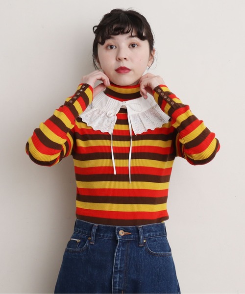 CHILD WOMAN(チャイルドウーマン)の「VICTORIA ボーダー細リブタートル(ニット/セーター・レディース・グリーン/ブラック/イエロー/レッド・FREE)」の5枚目の写真
