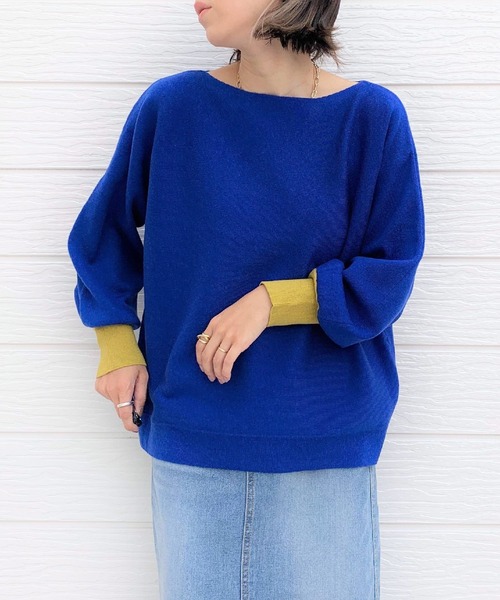 Q(キュー)の「袖先カラー横リブニット(ニット/セーター・レディース・ブラック/ブルー/アイボリー/エメラルド・MEDIUM)」の1枚目の写真