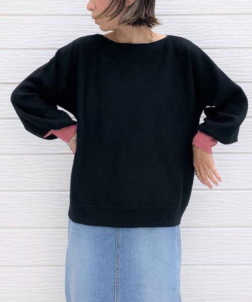 Q(キュー)の「袖先カラー横リブニット(ニット/セーター・レディース・ブラック/ブルー/アイボリー/エメラルド・MEDIUM)」の3枚目の写真