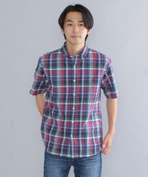 *SHIPS: ワンポイント ロゴ コットン / リネン マドラスチェック ボタンダウン ショートスリーブ シャツ