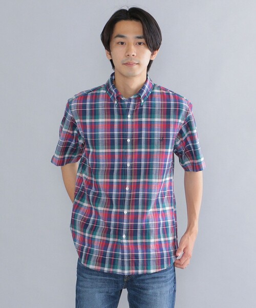 SHIPS(シップス)の「*SHIPS: ワンポイント ロゴ コットン / リネン マドラスチェック ボタンダウン ショートスリーブ シャツ(シャツ/ブラウス・メンズ・グリーン/ブルー/ライトブルー・SMALL/MEDIUM/LARGE/X-LARGE/XX-LARGE)」の1枚目の写真