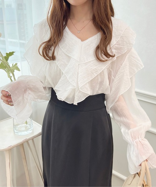apres jour(アプレジュール)の「シアーラッフルブラウス【ZOZOTOWN限定アイテム】(シャツ/ブラウス・レディース・ピンク/ブラック/アイボリー/オフホワイト・X-LARGE/フリー)」の8枚目の写真