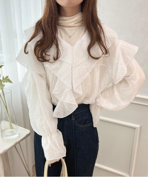 apres jour(アプレジュール)の「シアーラッフルブラウス【ZOZOTOWN限定アイテム】(シャツ/ブラウス・レディース・ピンク/ブラック/アイボリー/オフホワイト・X-LARGE/フリー)」の5枚目の写真