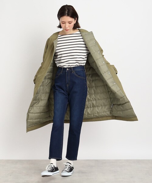 SHOO・LA・RUE(シューラルー)の「◆すっきりシルエットで軽くて暖か【撥水加工】ノーカラー中綿入りコート(ノーカラーコート・レディース・オリーブ/ブラック・04/03/02)」の21枚目の写真