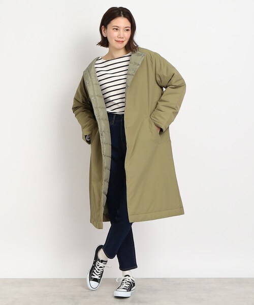 SHOO・LA・RUE(シューラルー)の「◆すっきりシルエットで軽くて暖か【撥水加工】ノーカラー中綿入りコート(ノーカラーコート・レディース・オリーブ/ブラック・04/03/02)」の7枚目の写真