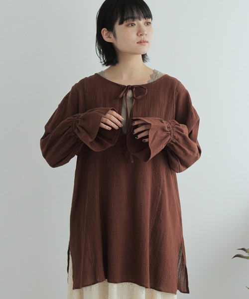 ☆グレースコンチネンタル☆クレープ鈎針シルクチュニック/ベージュ/新品・未使用♪ 綿クレープ刺繍前開きチュニック 【メール便可/ma1.5】 | FUNNY COMPANY+