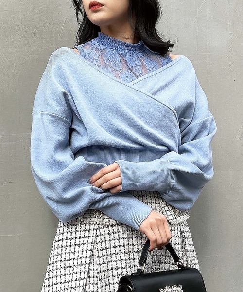 INGNI（イング）の「レースインナーカシュクールニット（ニット/セーター・レディース・ブラック/サックスブルー/アイボリー・M）」の3枚目の写真