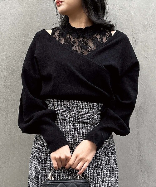 INGNI（イング）の「レースインナーカシュクールニット（ニット/セーター・レディース・ブラック/サックスブルー/アイボリー・M）」の2枚目の写真