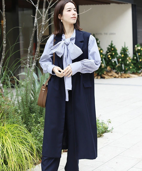 REAL CUBE（リアルキューブ）の「2wayボウタイリボンブラウス（シャツ/ブラウス・レディース・サックスブルー/オフホワイト/ネイビー×ホワイト・M）」の12枚目の写真