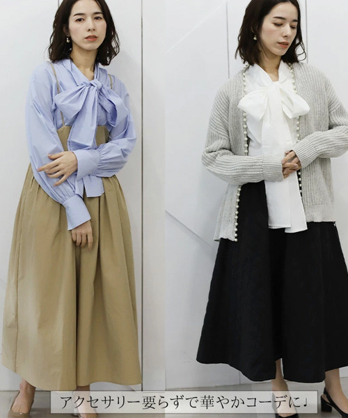 REAL CUBE（リアルキューブ）の「2wayボウタイリボンブラウス（シャツ/ブラウス・レディース・サックスブルー/オフホワイト/ネイビー×ホワイト・M）」の6枚目の写真