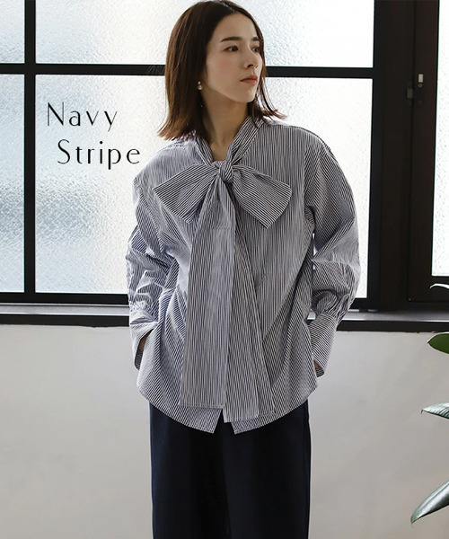 REAL CUBE（リアルキューブ）の「2wayボウタイリボンブラウス（シャツ/ブラウス・レディース・サックスブルー/オフホワイト/ネイビー×ホワイト・M）」の8枚目の写真