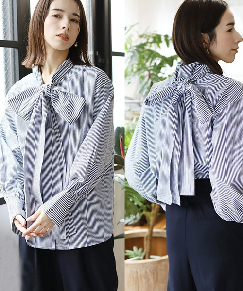 REAL CUBE（リアルキューブ）の「2wayボウタイリボンブラウス（シャツ/ブラウス・レディース・サックスブルー/オフホワイト/ネイビー×ホワイト・M）」の10枚目の写真