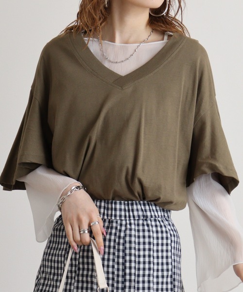 atONE(アットワン)の「atONE ボリュームフレア袖Vネックカットソー 半袖(Tシャツ/カットソー・レディース・ブラック/オフホワイト/ベージュ/カーキ/チャコールグレー・LL~3L/4L~5L/M-L)」の11枚目の写真