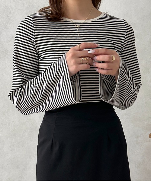 apres jour clair（アプレジュールクレア）の「【apres jour clair】フレアスリーブボーダーT【ZOZOTOWN限定アイテム】（Tシャツ/カットソー・レディース・ピンク/ブラック/ベージュ・X-LARGE/フリー）」の8枚目の写真