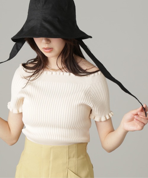 FREE'S MART（フリーズマート）の「【パープルカラーWEB限定】◆2Wayオフショルフリルリブ半袖ニット（ニット/セーター・レディース・ホワイト/イエロー/ベージュ/ブラック/パープル・FREE）」の2枚目の写真