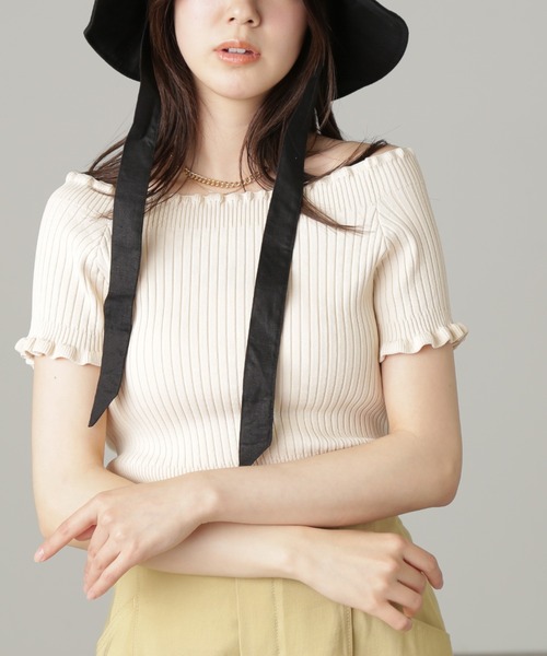 FREE'S MART（フリーズマート）の「【パープルカラーWEB限定】◆2Wayオフショルフリルリブ半袖ニット（ニット/セーター・レディース・ホワイト/イエロー/ベージュ/ブラック/パープル・FREE）」の9枚目の写真