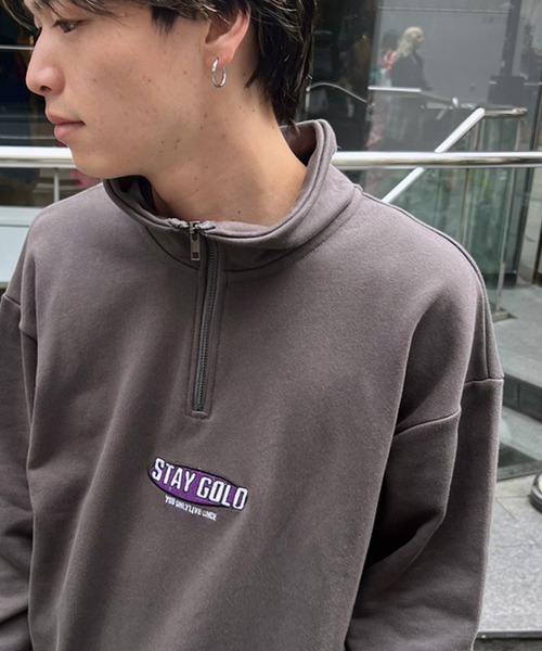 STAY GOLD（ステイゴールド）の「STAY GOLD ワンポイント刺繍 ハーフZIP / オーバーサイズ ハーフジップ スウェット ビッグシルエット トレーナー（スウェット・メンズ・チャコール/オートミール・M/L）」の19枚目の写真