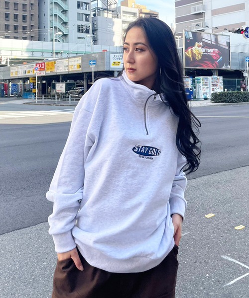 STAY GOLD（ステイゴールド）の「STAY GOLD ワンポイント刺繍 ハーフZIP / オーバーサイズ ハーフジップ スウェット ビッグシルエット トレーナー（スウェット・メンズ・チャコール/オートミール・M/L）」の20枚目の写真