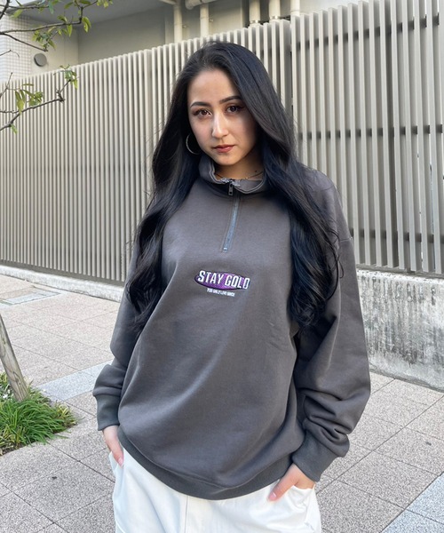 STAY GOLD（ステイゴールド）の「STAY GOLD ワンポイント刺繍 ハーフZIP / オーバーサイズ ハーフジップ スウェット ビッグシルエット トレーナー（スウェット・メンズ・チャコール/オートミール・M/L）」の15枚目の写真