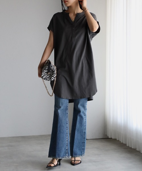 ハーフボタンフレンチスリーブロング丈Tシャツ（Tシャツ/カットソー