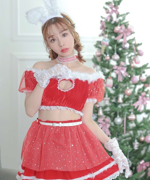 サンタ コスプレ かわいい バニー アニマル 半袖 オフショル ハートカット へそ出し レース ティアード ミニスカート セットアップ 5点セット セクシー クリスマス コスチューム サンタコス