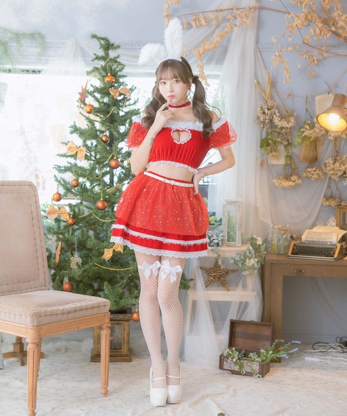 サンタ コスプレ かわいい バニー アニマル 半袖 オフショル ハートカット へそ出し レース ティアード ミニスカート セットアップ 5点セット セクシー クリスマス コスチューム サンタコス