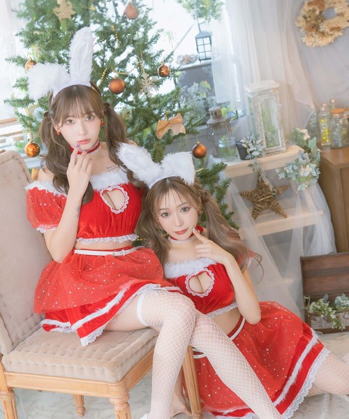 サンタ コスプレ かわいい バニー アニマル 半袖 オフショル ハートカット へそ出し レース ティアード ミニスカート セットアップ 5点セット セクシー クリスマス コスチューム サンタコス