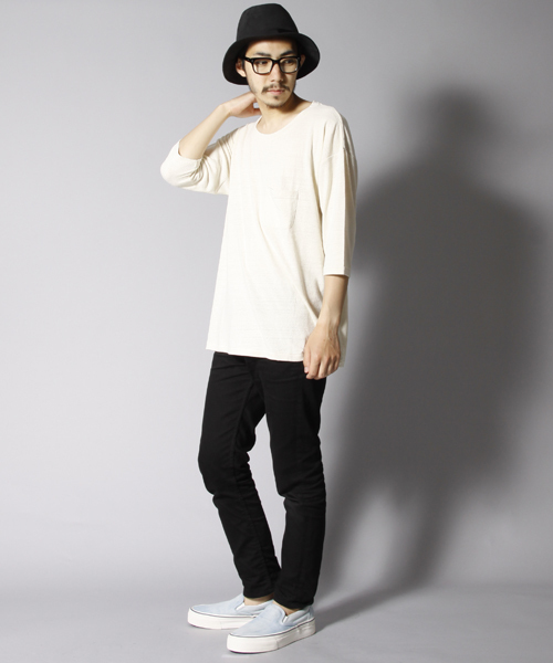 AMERICAN RAG CIE（アメリカンラグシー）の「AMERICAN RAG CIE シルク100%ビックシルエットドレープTシャツ（Tシャツ/カットソー・メンズ・ネイビー/オフホワイト/ブラック・1/2/3）」の5枚目の写真