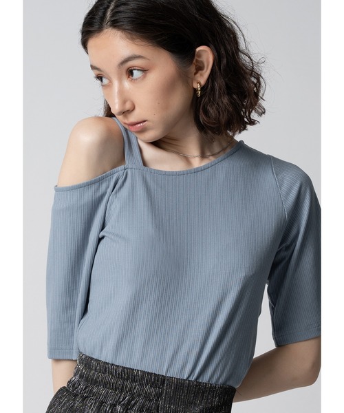 Adoon plain(アドーンプレーン)の「ワンショルリブトップス(Tシャツ/カットソー・レディース・ホワイト/ライトパープル/ブラック/サックスブルー・FREE)」の1枚目の写真