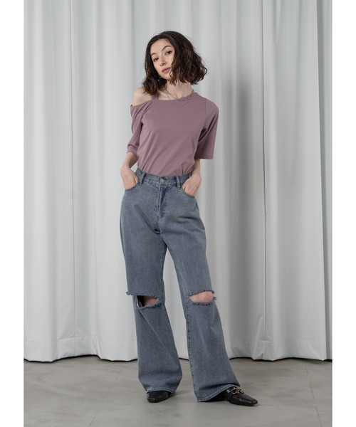 Adoon plain(アドーンプレーン)の「ワンショルリブトップス(Tシャツ/カットソー・レディース・ホワイト/ライトパープル/ブラック/サックスブルー・FREE)」の11枚目の写真