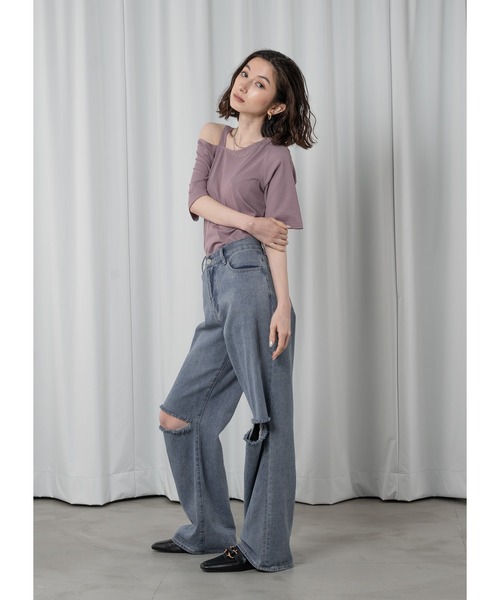 Adoon plain(アドーンプレーン)の「ワンショルリブトップス(Tシャツ/カットソー・レディース・ホワイト/ライトパープル/ブラック/サックスブルー・FREE)」の12枚目の写真