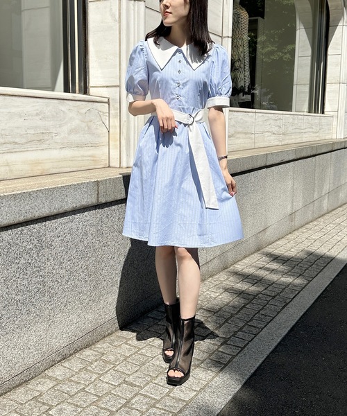 【再入荷】半袖 カジュアル シャツ ワンピース バイカラ― ウォッシャブル】ナチュラルリネンブレンドシャツワンピース
