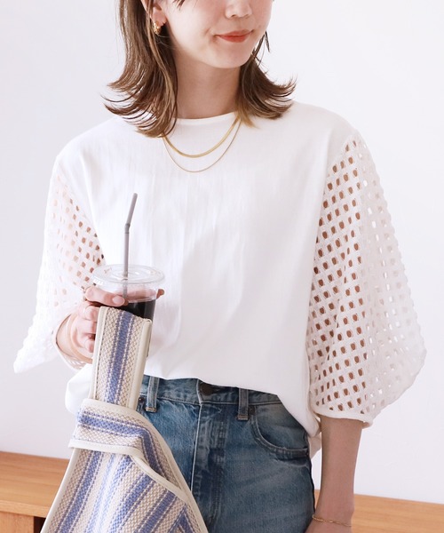 reca（レカ）の「メッシュスリーブカットソー（Tシャツ/カットソー・レディース・オフホワイト/ブラック・FREE）」の2枚目の写真