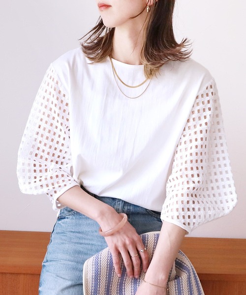 reca（レカ）の「メッシュスリーブカットソー（Tシャツ/カットソー・レディース・オフホワイト/ブラック・FREE）」の5枚目の写真