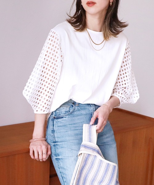 reca（レカ）の「メッシュスリーブカットソー（Tシャツ/カットソー・レディース・オフホワイト/ブラック・FREE）」の6枚目の写真