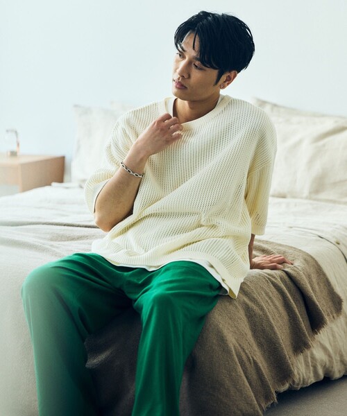 HINSON（ヒンソン）の「HINSON/ヒンソン メッシュ クルーネック リラックスフィット半袖ニット/ユニセックス（Tシャツ/カットソー・メンズ・オリーブ/ブラック/オフホワイト・LARGE/MEDIUM）」の10枚目の写真