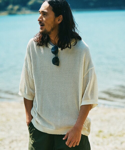 HINSON（ヒンソン）の「HINSON/ヒンソン メッシュ クルーネック リラックスフィット半袖ニット/ユニセックス（Tシャツ/カットソー・メンズ・オリーブ/ブラック/オフホワイト・LARGE/MEDIUM）」の14枚目の写真