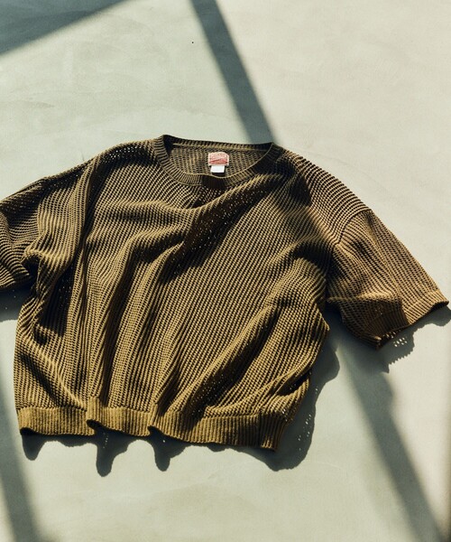 HINSON（ヒンソン）の「HINSON/ヒンソン メッシュ クルーネック リラックスフィット半袖ニット/ユニセックス（Tシャツ/カットソー・メンズ・オリーブ/ブラック/オフホワイト・LARGE/MEDIUM）」の12枚目の写真