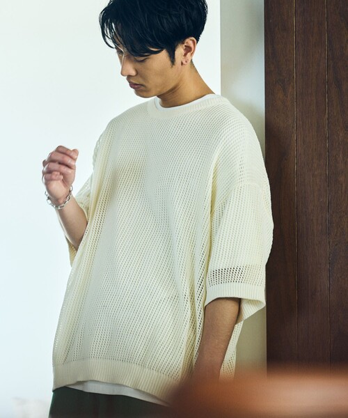 HINSON（ヒンソン）の「HINSON/ヒンソン メッシュ クルーネック リラックスフィット半袖ニット/ユニセックス（Tシャツ/カットソー・メンズ・オリーブ/ブラック/オフホワイト・LARGE/MEDIUM）」の2枚目の写真