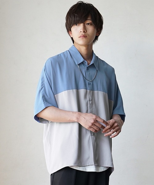MinoriTY(マイノリティ)の「【MinoriTY】バイカラー切替ビッグドルマンシルエット半袖シャツ メンズ 秋服 夏服 ビッグシルエット ルーズシルエット(シャツ/ブラウス・メンズ・ブルー/ブラック・S/M/L)」の6枚目の写真