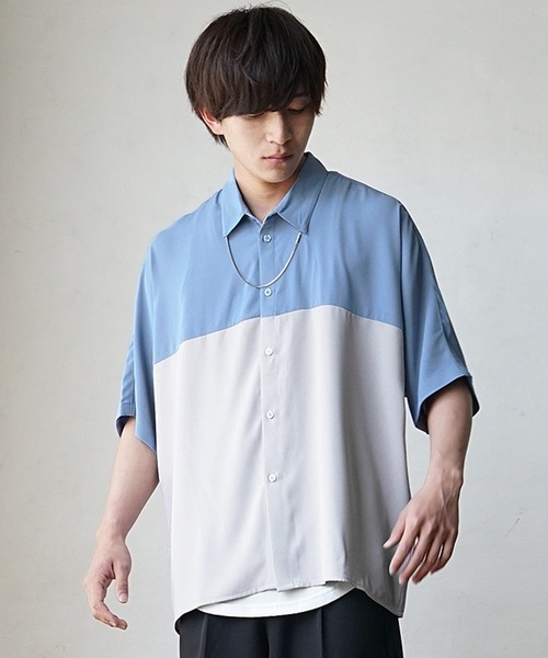 MinoriTY】バイカラー切替ビッグドルマンシルエット半袖シャツ メンズ