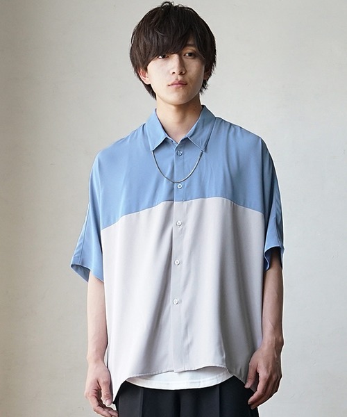 MinoriTY(マイノリティ)の「【MinoriTY】バイカラー切替ビッグドルマンシルエット半袖シャツ メンズ 秋服 夏服 ビッグシルエット ルーズシルエット(シャツ/ブラウス・メンズ・ブルー/ブラック・S/M/L)」の8枚目の写真