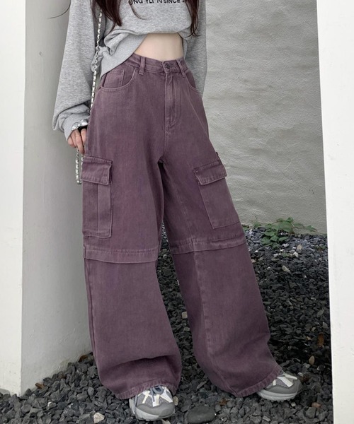 HOOK(フック)の「【HOOK】for girls アシンメトリービッグポケットカラーデニムカーゴパンツ(デニムパンツ・レディース・パープル/インディゴブルー・S/M/L)」の14枚目の写真