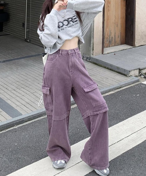 HOOK(フック)の「【HOOK】for girls アシンメトリービッグポケットカラーデニムカーゴパンツ(デニムパンツ・レディース・パープル/インディゴブルー・S/M/L)」の16枚目の写真