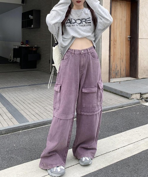 HOOK(フック)の「【HOOK】for girls アシンメトリービッグポケットカラーデニムカーゴパンツ(デニムパンツ・レディース・パープル/インディゴブルー・S/M/L)」の17枚目の写真