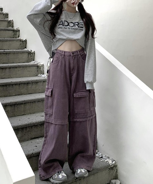HOOK(フック)の「【HOOK】for girls アシンメトリービッグポケットカラーデニムカーゴパンツ(デニムパンツ・レディース・パープル/インディゴブルー・S/M/L)」の20枚目の写真