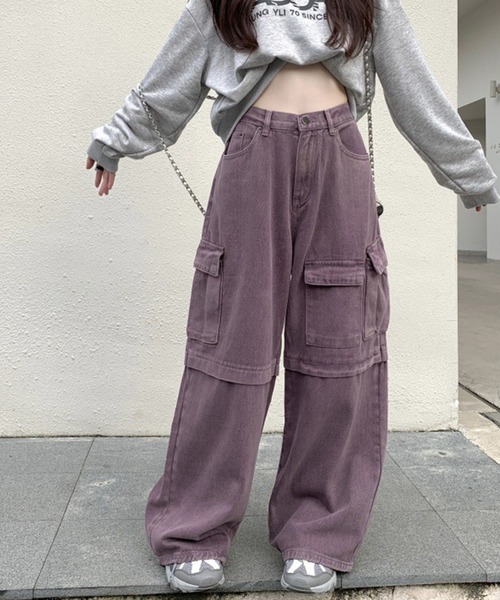 HOOK(フック)の「【HOOK】for girls アシンメトリービッグポケットカラーデニムカーゴパンツ(デニムパンツ・レディース・パープル/インディゴブルー・S/M/L)」の12枚目の写真
